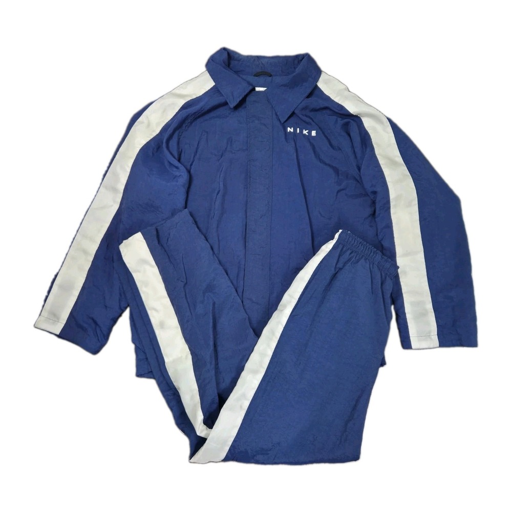 VTG Nike Track Suit Set Heavy Med Blue Snap Zip Lined Jacket Track Pants Swoosh